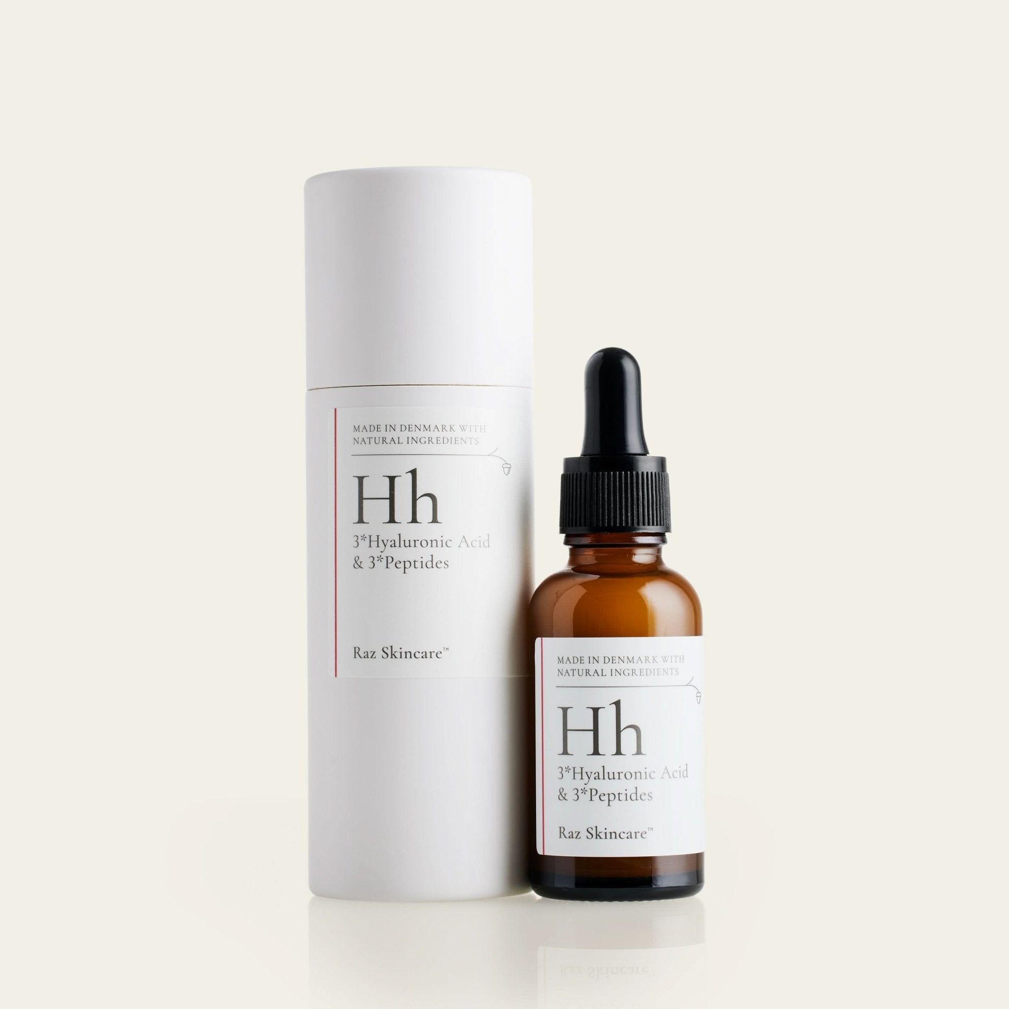 Hh 30ml - Raz Skincare -  Raz Skincare Hh Hyaluronic Acid & Peptides i brun glasflaske med pipette ved siden af dens emballage