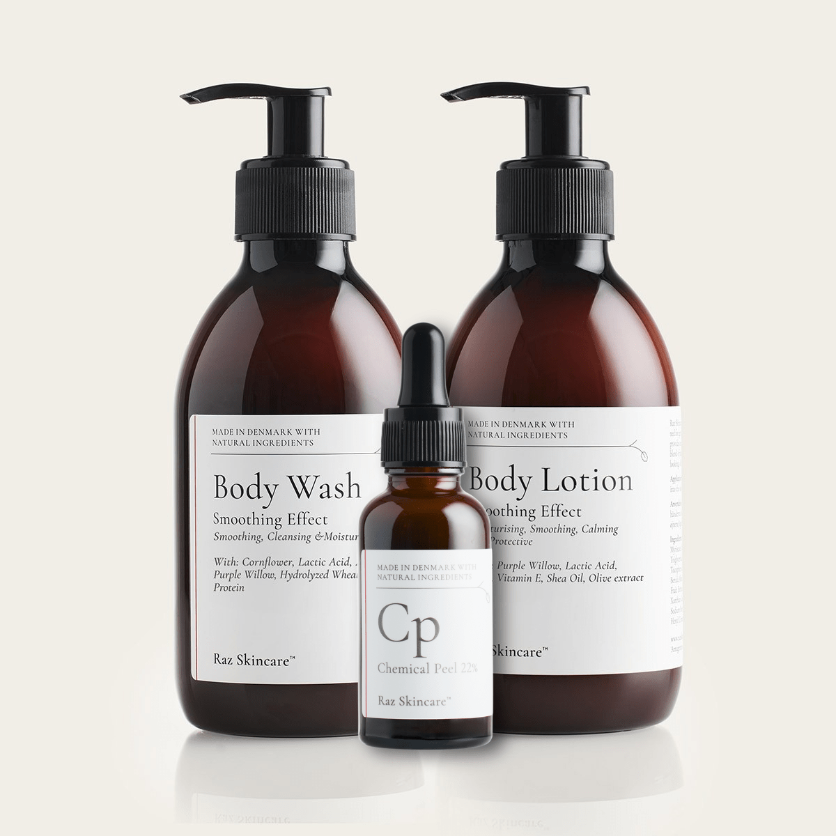 Keratosis Pilaris - Raz Skincare - pakke mod Keratosis Pilaris - indeholder Body Wash - Body Lotion - CP Chemical Peel