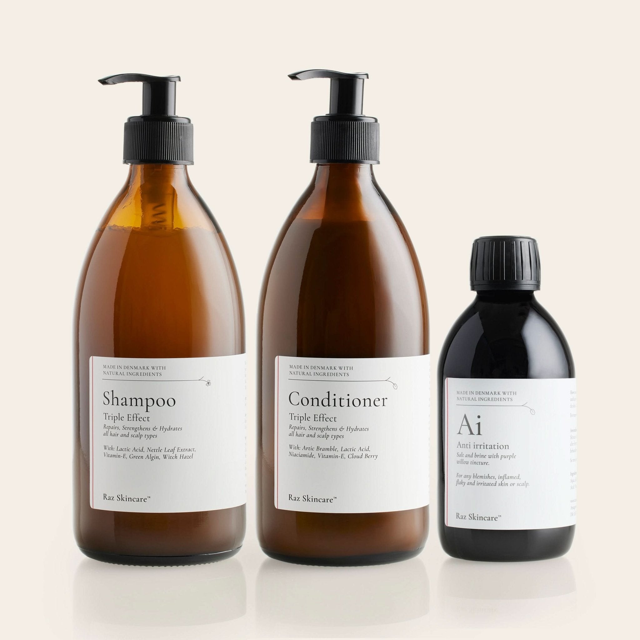 Skæl, eksem og psoriasis i hovedbunden pakke, som indeholder Shampoo og Conditioner plus Anti irritation fra Raz Skincare