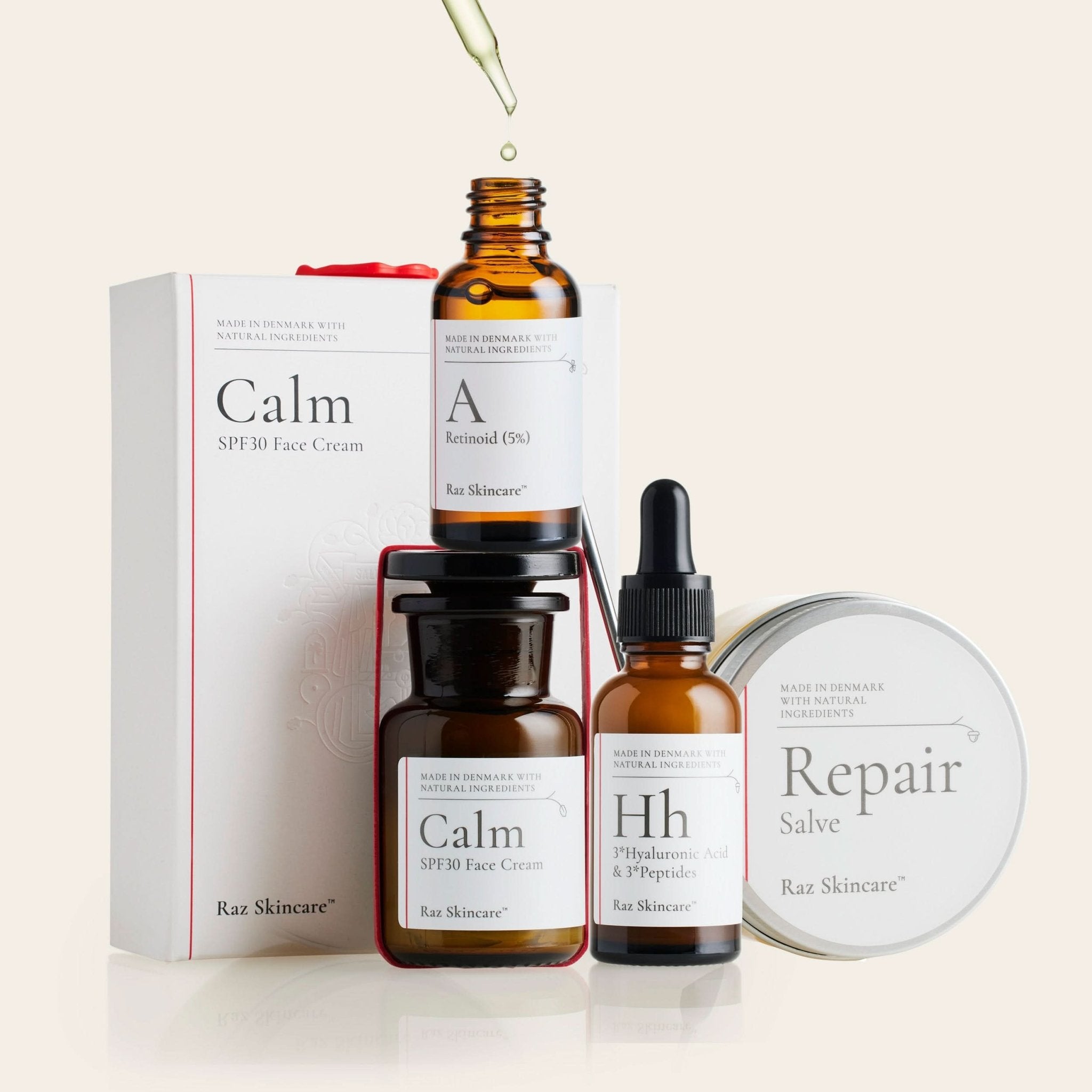 Vores Mørke rander under øjnene pakke, som indeholder Calm 50ml, Hh 30ml, A-retinoid 30ml og Repair 100ml - Raz Skincare