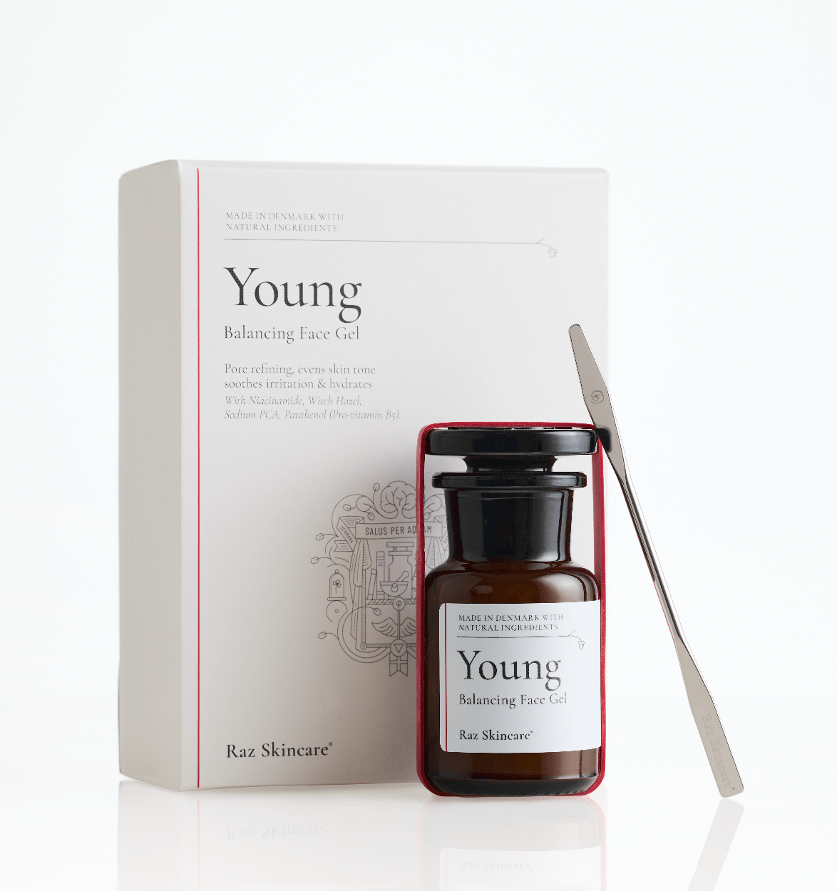 Young - Balancing Face Gel - Raz Skincare with a box besides, med en box ved siden af